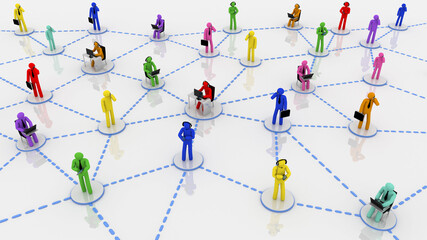 Social network concept, every colorful character is connected through a technological device to internet. White background.