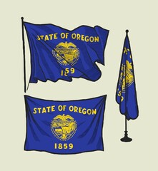 Flag of Oregon on the wind and on the wall hand drawn illustration set.