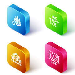 Set Isometric line Skyscraper, House with percant discount, and Online real estate house icon. Vector
