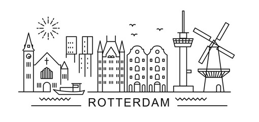 Style minimal de Rotterdam City Outline Skyline avec typographique. Paysage urbain de vecteur avec des monuments célèbres. Illustration pour les impressions sur sacs, affiches, cartes.