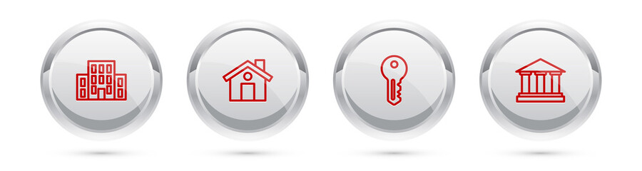 Set line House, , key and Museum building. Silver circle button. Vector