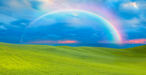 Fototapeta na wymiar Green grass field with rainbow at sunset, green sea in the background