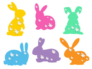 Set of decorated easter bunnies.Happy Easter.Colorful rabbits with a spring origami flowers.Vector isolated on white background.For easter card,banners.
