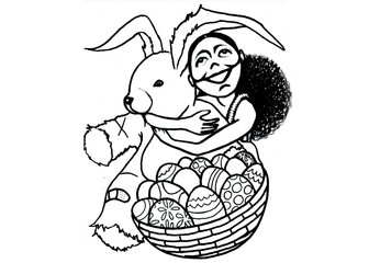 Easter Bunny with Eggs, Black Children Coloring Illustration