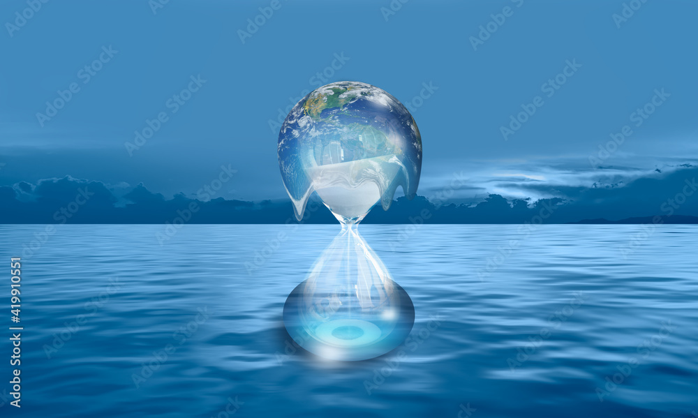 Aufkleber global warming concept - planet earth on hourglass is slowly melting with the whole earth is covered