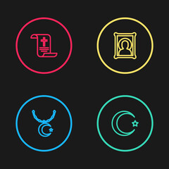 Set line Star and crescent on chain, , Christian icon and Decree, paper, parchment, scroll icon. Vector