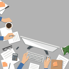 Workplace Desktop background. Top view of table, documents, notepad, books, coffee. Place for text. Vector Top view