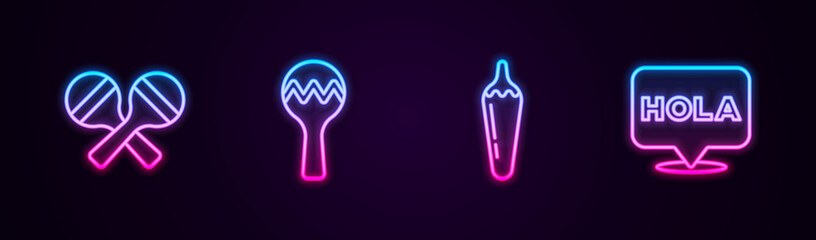 Set line Maracas, , Hot chili pepper pod and Hola. Glowing neon icon. Vector © vector_v