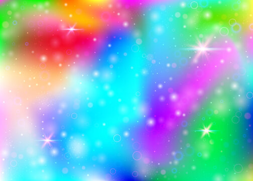 Holographic background with rainbow mesh. Cute universe banner in princess colors. Fantasy gradient backdrop with hologram. Holographic magic background with fairy sparkles, stars and blurs.