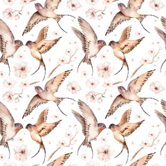 Watercolor spring flying swallows isolated and blossom flowers seamless pattern fabric background