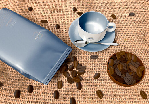Coffee Beans with Paper Bag and Coffee Cup Mockup