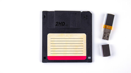 computer floppy disk with usb flash drive on a white background, isolated,