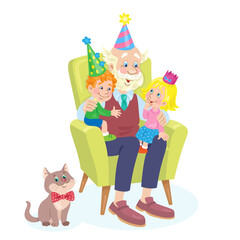 Happy family. Children are sitting in a chair with their beloved grandfather in festive hats. A funny cat is nearby. In cartoon style. Isolated on white background. Vector flat illustration.