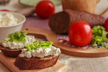 Fototapeta na wymiar Topped rye bread, cottage cheese, tomatoes and green salad. Easy breakfast idea. Side view