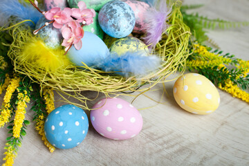 Happy Easter. Congratulatory easter background. Easter eggs and flowers. Background with space for copying. Selective focus.