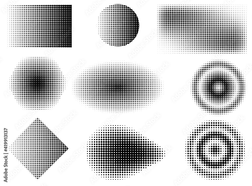Aufkleber Set of halftone dots curved gradient pattern texture isolated on white background. Curve dotted spots using halftone circle dot raster texture collection. Vector blot half tone collection.