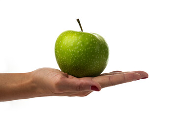 Woman hand holding apple on white background