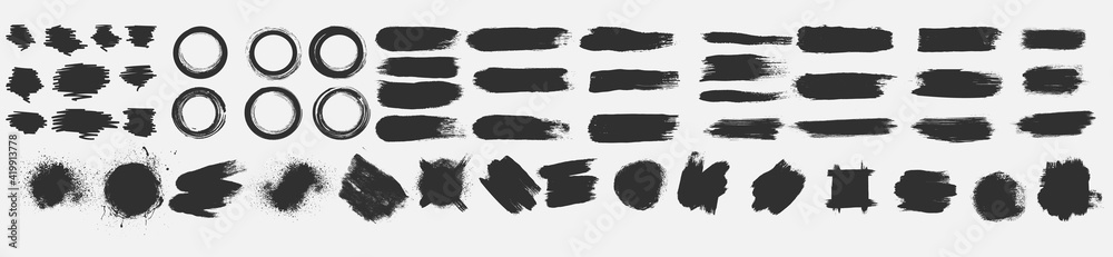 Poster Set of black ink style splash, blobs and stains brushes and textures made with watercolor. Grunge dirty shapes and silhouettes for your design. Vector illustration. Isolated on white background.