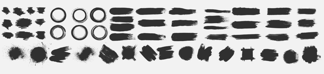 Set of black ink style splash, blobs and stains brushes and textures made with watercolor. Grunge dirty shapes and silhouettes for your design. Vector illustration. Isolated on white background.