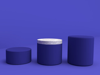 Mockup geometric shape cylinder mat and marble stone podium on dark purple blue background. 3D render of advertising template space for product in minimalist style. Display case empty showcase
