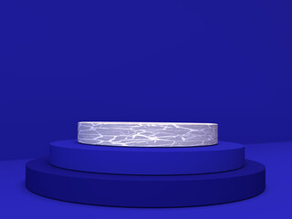 Mockup geometric shape cylinder mat and marble stone podium on dark blue background. 3D render of advertising template space for product in minimalist style. Display case empty showcase