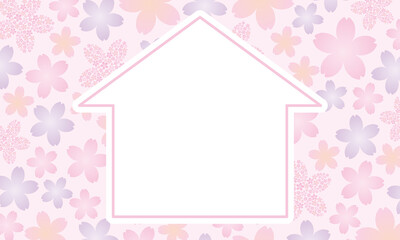家のイラストと桜の背景紫