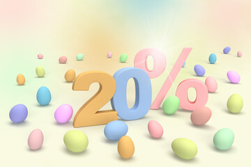 Happy Easter sale colorful eggs number 20 percentages on pastel abstract background.