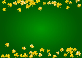 Obraz premium Shamrock background for Saint Patricks Day. Lucky trefoil confetti. Glitter frame of clover leaves. Template for voucher, special business ad, banner. Merry shamrock background.