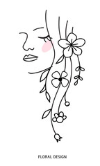 One line drawing. Abstract beautiful girl with flower and leaf in long hair. Decorative female beauty icon and floral pattern. Vector illustration	