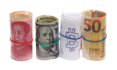 Chinese yuan, American dollar, Bitcoin and European euro bill, banknote, cash money rolls isolated on white background