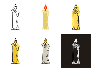 Candle icons set isolated on white background. Hand-drawn contour icon in doodle style, flat and chalk on a black board. Vector illustration of candlelight