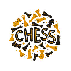 Cute hand drawn Chess emblem with chess pieces. Round Logo for a sport club, tournaments or competition. Vector illustration in doodle style
