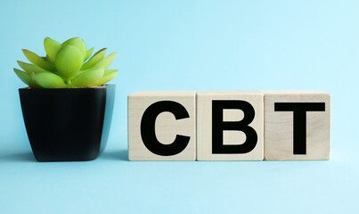 CBT. text on wood cubes. text in black letters on wood blocks