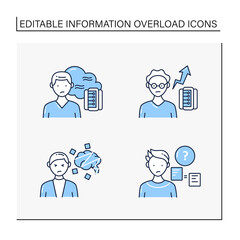 Information overload line icons set. Consists of cognitive dissonance, comparative research method, data smog, new info rate.Isolated vector illustrations. Editable stroke