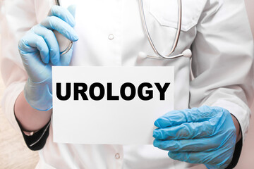 The doctor's blue - gloved hands show the word UROLOGY - . a gloved hand on a white background. Medical concept. the medicine