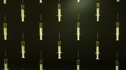 three-dimensional disposable syringes with a vaccine on a dark background. 3d render illustration