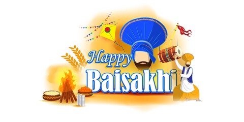 Vector illustration for happy Baisakhi, Indian punjabi festival with festival theme elements.