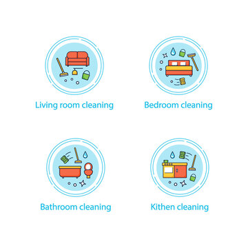 Cleaning services concept icons set.Consists of living room, kitchen, bathroom cleaning. Cleanup concepts.Vector isolated conception metaphor illustrations
