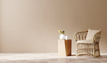 Mediterranean interior template. Wall mockup, rattan armchair and terracotta pottery on beige background. 3d rendering illustration. Clipping path included.