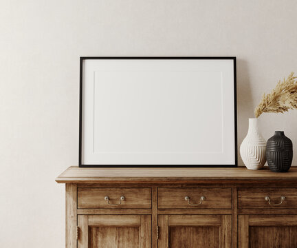 Minimal interior template. Mockup poster frame with wooden console table on beige background. 3d rendering illustration. 