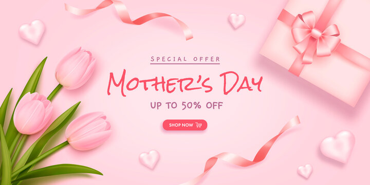 Mother's day poster or banner with realistic tulips, hearts, ribbons and gift box on pink background. Vector illustration