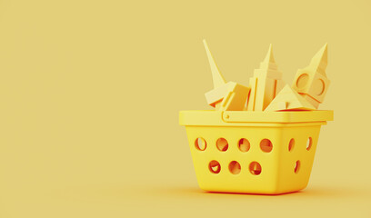Minimal abstract background for online and travel concept. Yellow basket with travel destination symbol on yellow background. 3d rendering illustration. Clipping path of each element included.