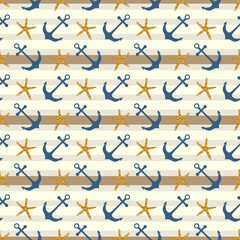 Nautical marine seamless pattern with anchor and starfish on a striped  geometric background  design. Pattern in swatch