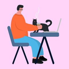 Flat person rests with coffee and a cat, home environment, comfort, relaxation.