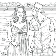 African American couple pregnant.Coloring book antistress for children and adults. 