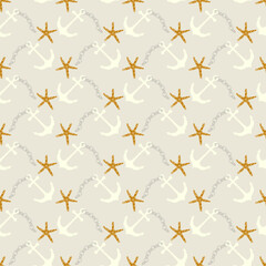 Nautical, marine sailing seamless pattern with anchor and starfish