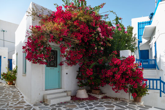 Narrow street of the old town with, Parikia, Paros Island, Greece.