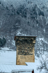 Svan towers, Mestia in winter, Svaneti region, Georgia