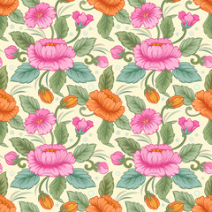 Abstract floral seamless pattern design for backdrop and wrapping paper. Pink flowers, and green leaves on a yellow background.