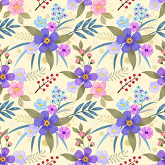 Abstract floral seamless pattern design for backdrop and wrapping paper. Pink and purple flowers on a yellow background.